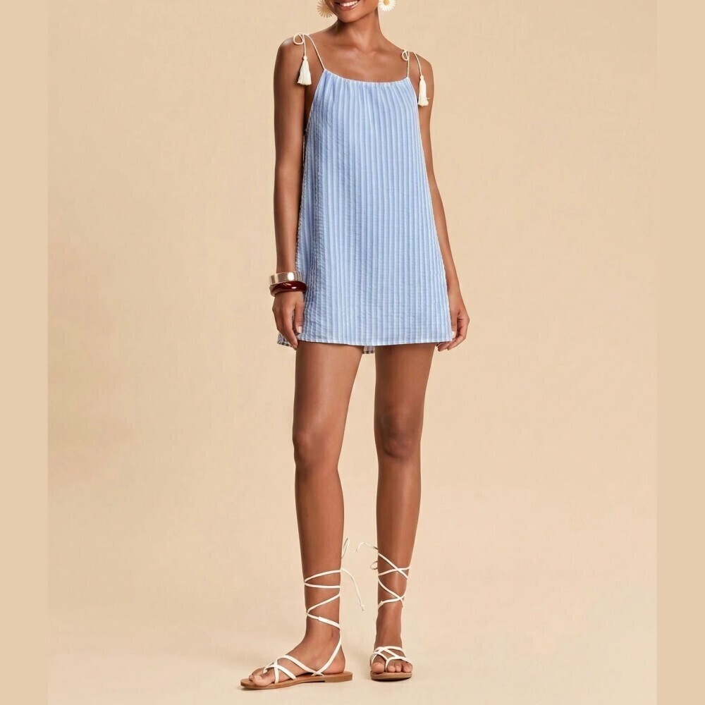 Blue White Striped Tie Strap Tassel Shift Mini Dress Cover Up